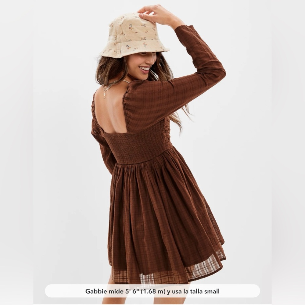 AE Ruched Long-Sleeve Mini Dress in Brown - S - Picture 4 of 16